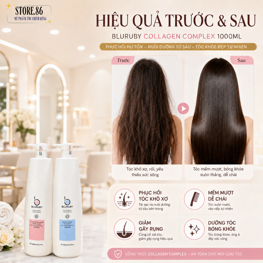 Cặp Dầu Gội Xả BLURUBY Huyết Thanh | Nano Collagen 1000ml Dưỡng Tóc Mềm Mượt, Bóng Khỏe Chuẩn Salon