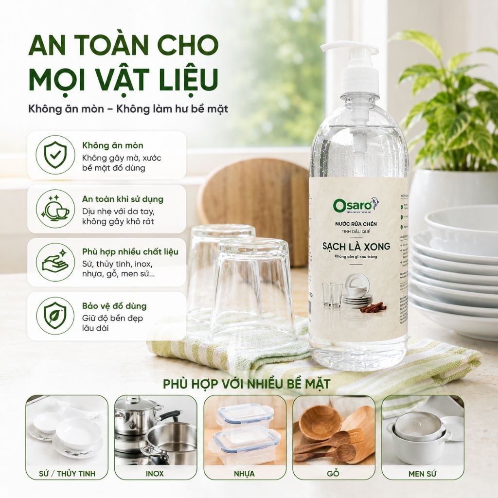 NƯỚC RỬA CHÉN OSARO 1KG – Sạch nhanh dầu mỡ, dễ tráng, hương tinh dầu tự nhiên