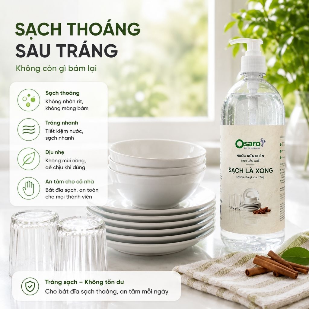 NƯỚC RỬA CHÉN OSARO 1KG – Sạch nhanh dầu mỡ, dễ tráng, hương tinh dầu tự nhiên