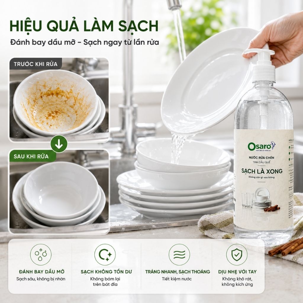 NƯỚC RỬA CHÉN OSARO 1KG – Sạch nhanh dầu mỡ, dễ tráng, hương tinh dầu tự nhiên