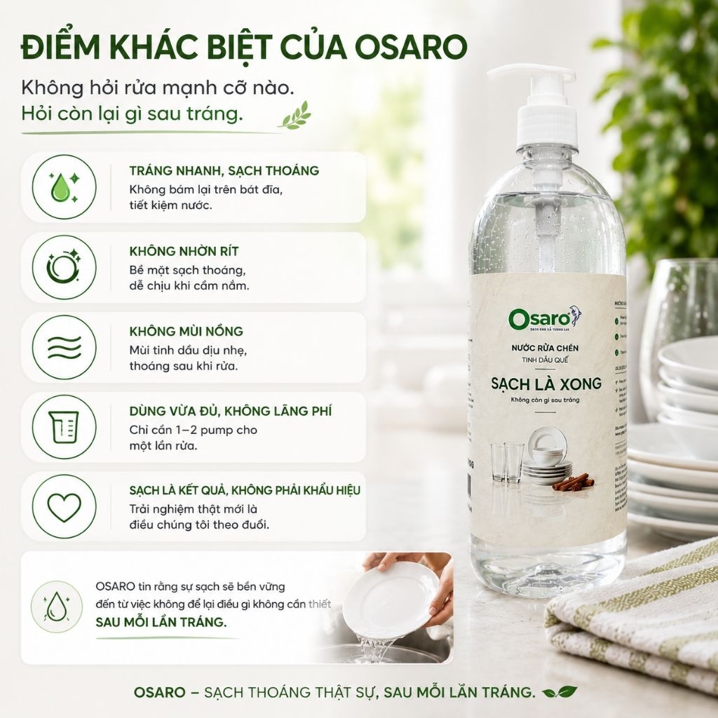 NƯỚC RỬA CHÉN OSARO 1KG – Sạch nhanh dầu mỡ, dễ tráng, hương tinh dầu tự nhiên
