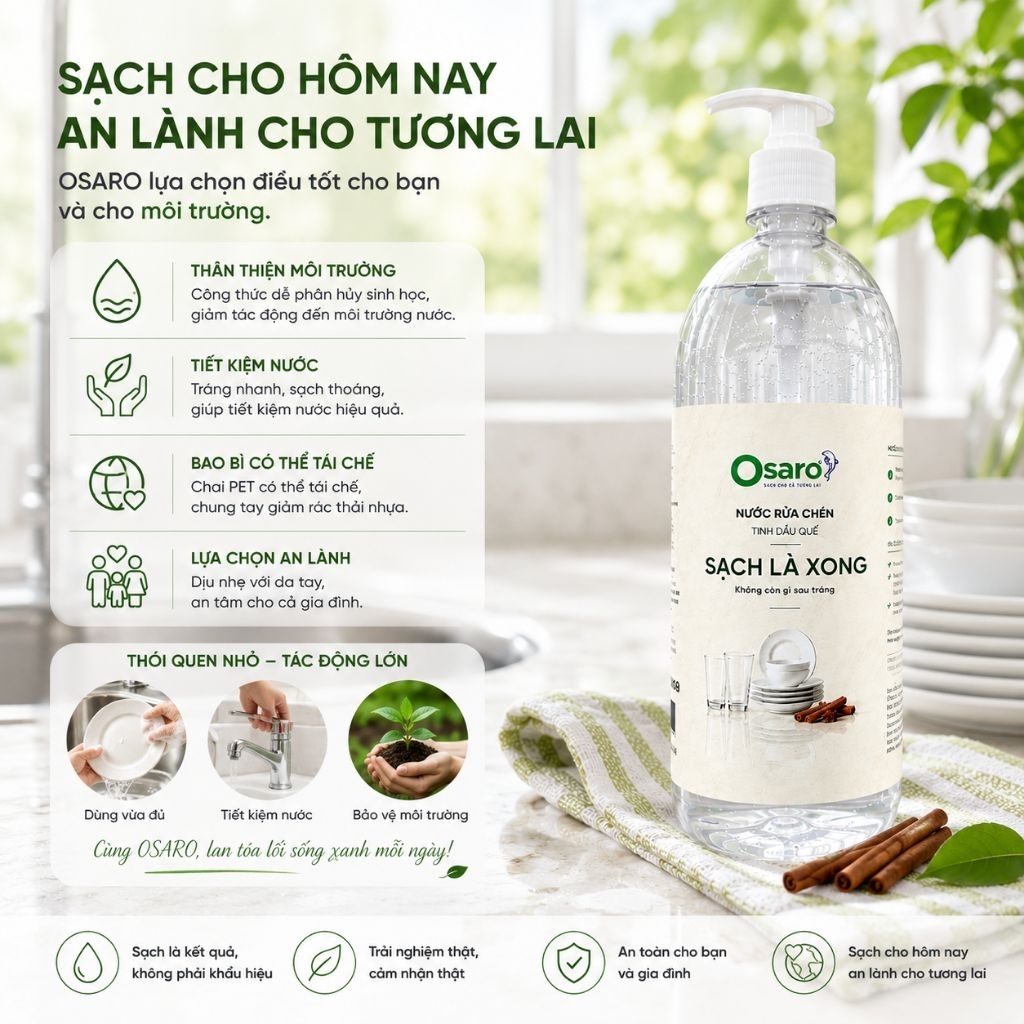 NƯỚC RỬA CHÉN OSARO 1KG – Sạch nhanh dầu mỡ, dễ tráng, hương tinh dầu tự nhiên