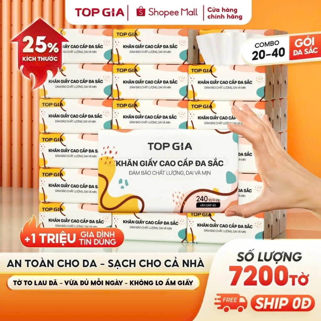Sản phẩm Giấy Ăn Rút Topgia Đa Sắc Cao Cấp 240 Tờ 4 Lớp – Dập Vân 4D Siêu Mềm Mịn, Thấm Hút Vượt Trội