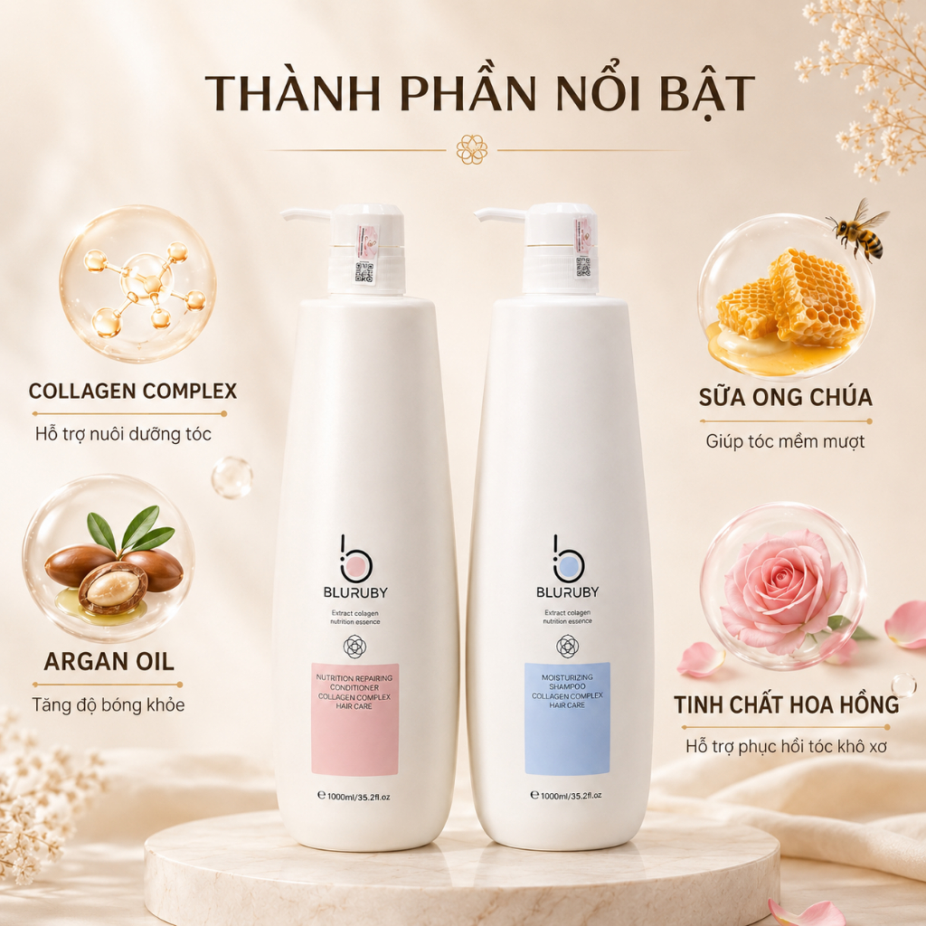 Cặp Dầu Gội Xả BLURUBY Huyết Thanh | Nano Collagen 1000ml Dưỡng Tóc Mềm Mượt, Bóng Khỏe Chuẩn Salon