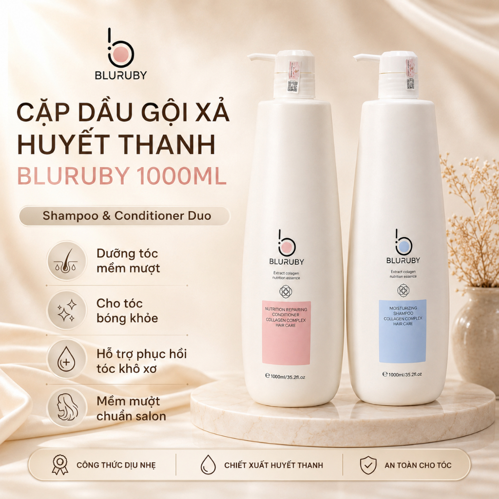 Cặp Dầu Gội Xả BLURUBY Huyết Thanh | Nano Collagen 1000ml Dưỡng Tóc Mềm Mượt, Bóng Khỏe Chuẩn Salon