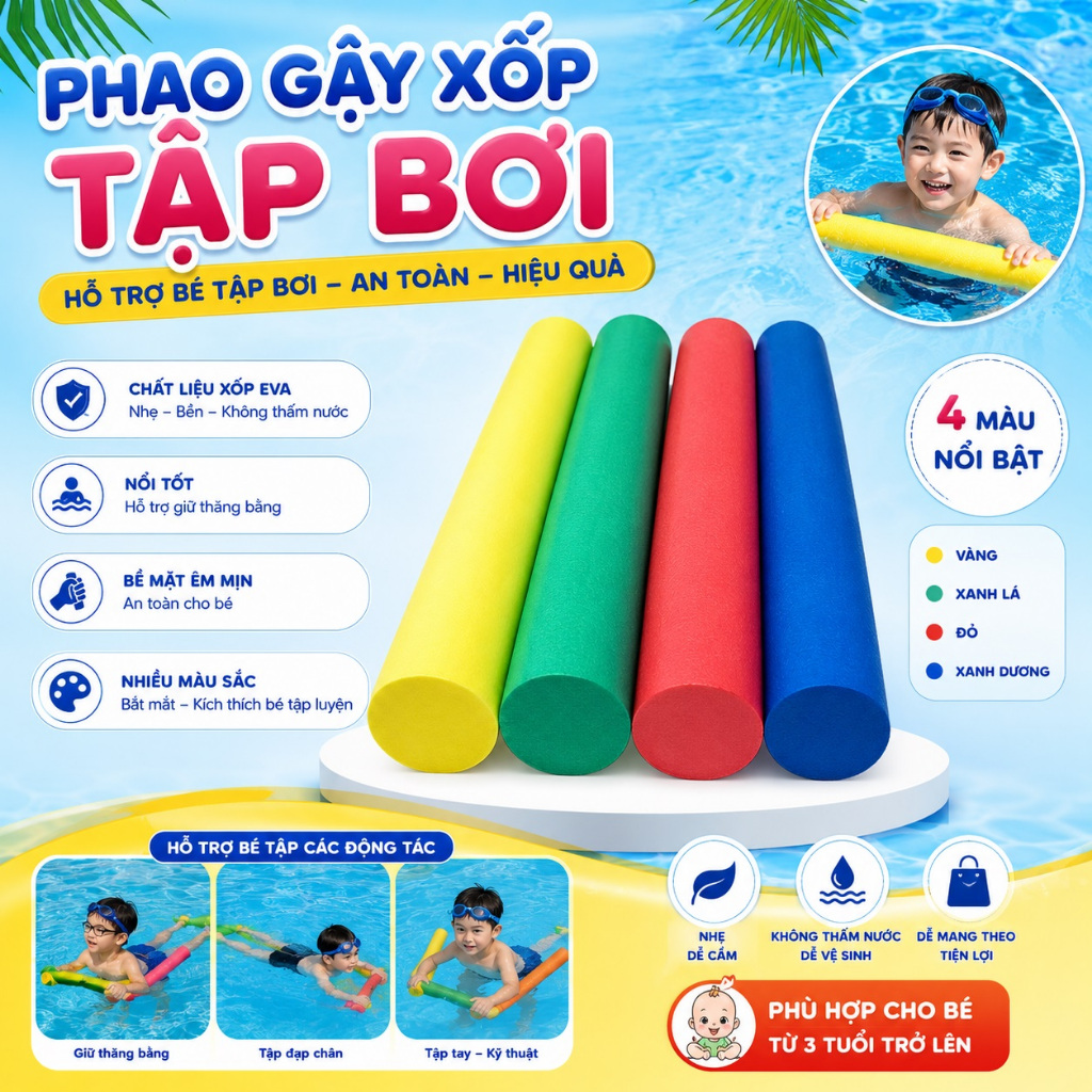 Phao bơi ống xốp Swimming Noodles - phao ống xốp - phao gậy tập bơi giá rẻ (giá 1 phao)