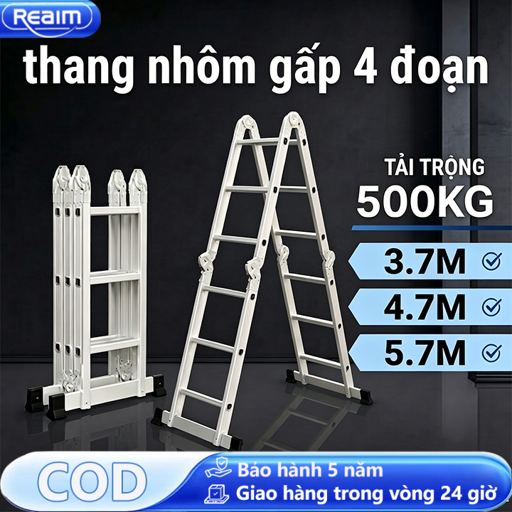 Thang nhôm gấp 4 đoạn thang nhôm rút thang nhôm chữ a thang gấp gọn chịu tải 500kg Phù hợp cho các công trình xây dựng