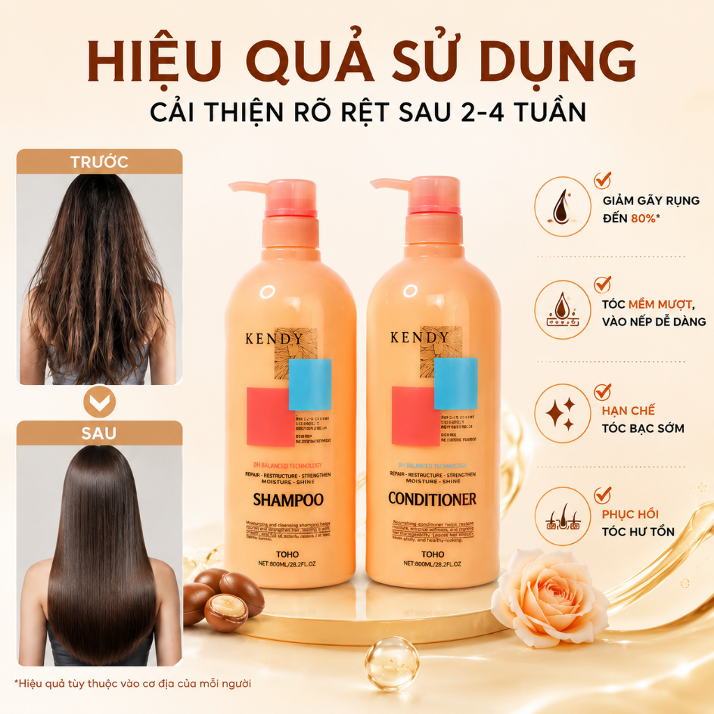 Dầu Gội Xả Dưỡng Sinh KENDY 800ml | Dưỡng Tóc Mềm Mượt, Giảm Gãy Rụng, Ngăn Ngừa Tóc Bạc Sớm