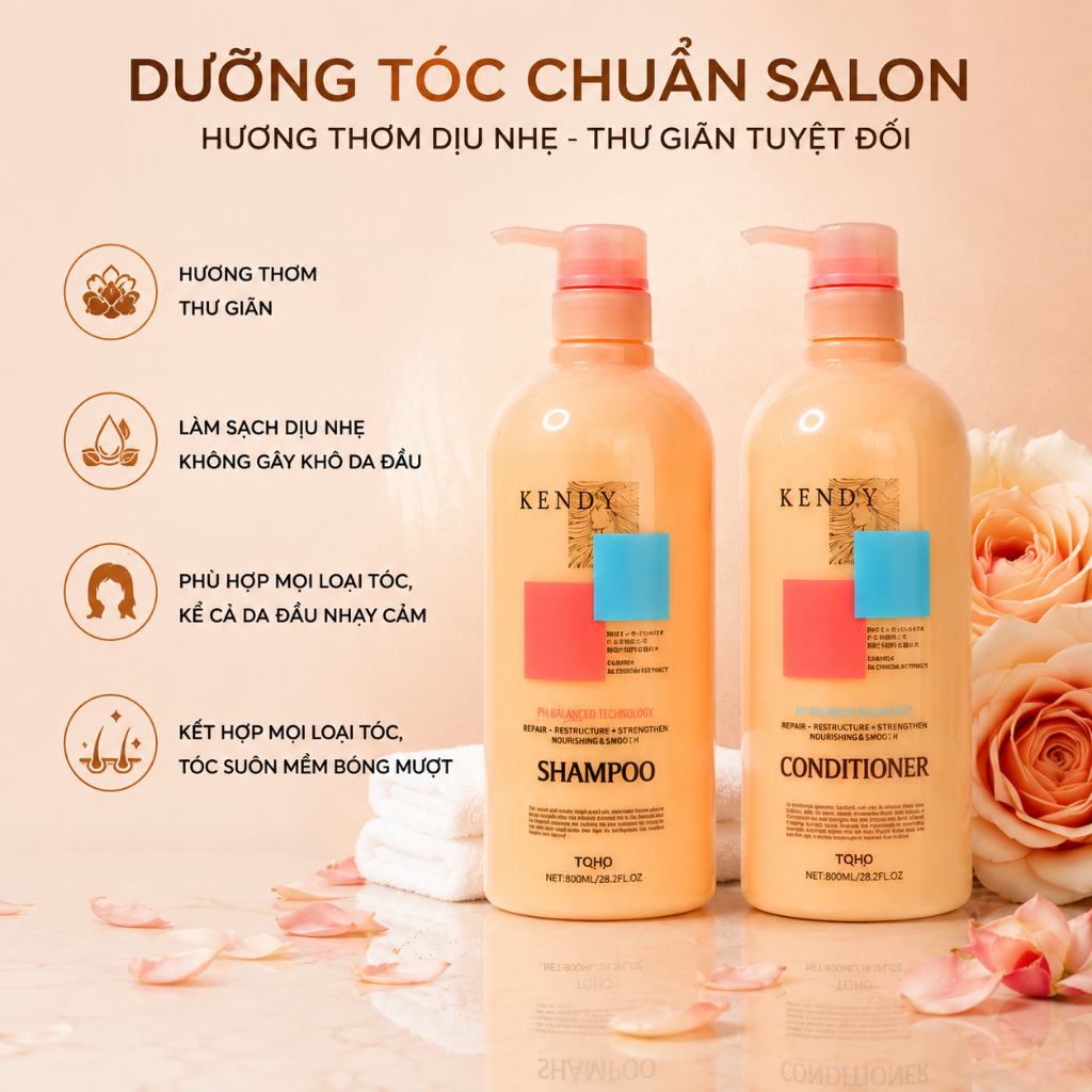 Dầu Gội Xả Dưỡng Sinh KENDY 800ml | Dưỡng Tóc Mềm Mượt, Giảm Rụng, Ngăn Ngừa Tóc Bạc Sớm