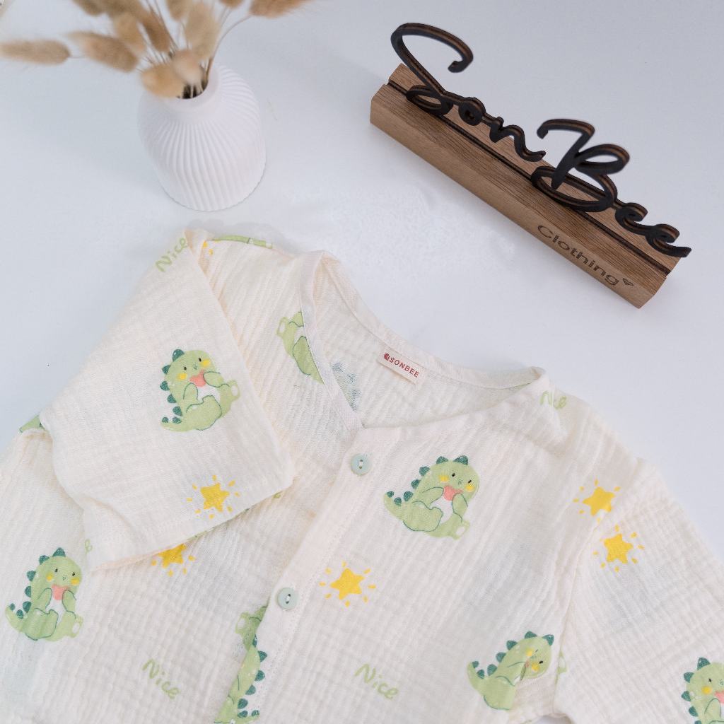 Đồ bộ dài bé trai cổ tim SONBEE, chất liệu vải xô muslin cotton mềm mát, áo tay lỡ quần bo