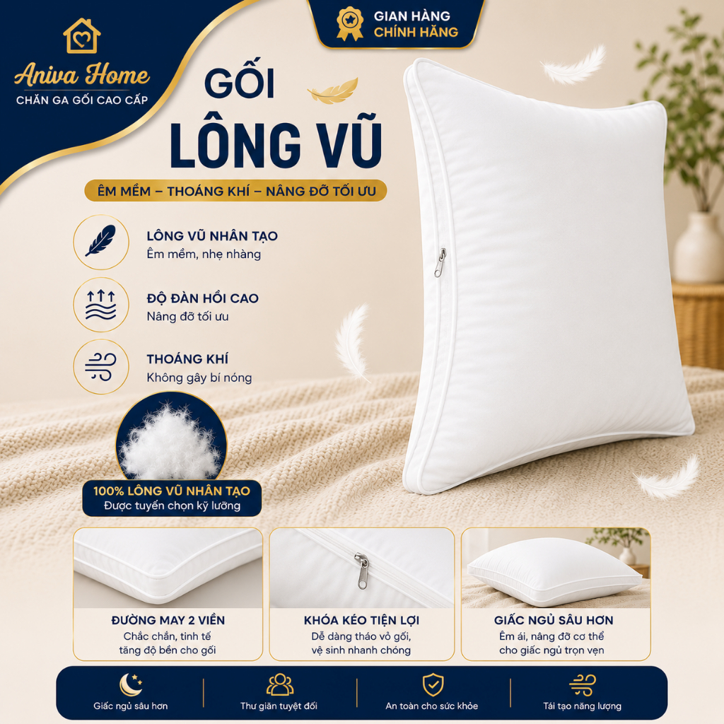 Gối Lông Vũ Nhân Tạo Aniva Home  | Êm Ái, Thoáng Khí, Nâng Đỡ Cổ Vai Gáy, Không Xẹp Lún