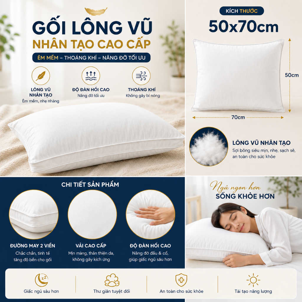 Gối Lông Vũ Nhân Tạo Aniva Home  | Êm Ái, Thoáng Khí, Nâng Đỡ Cổ Vai Gáy, Không Xẹp Lún
