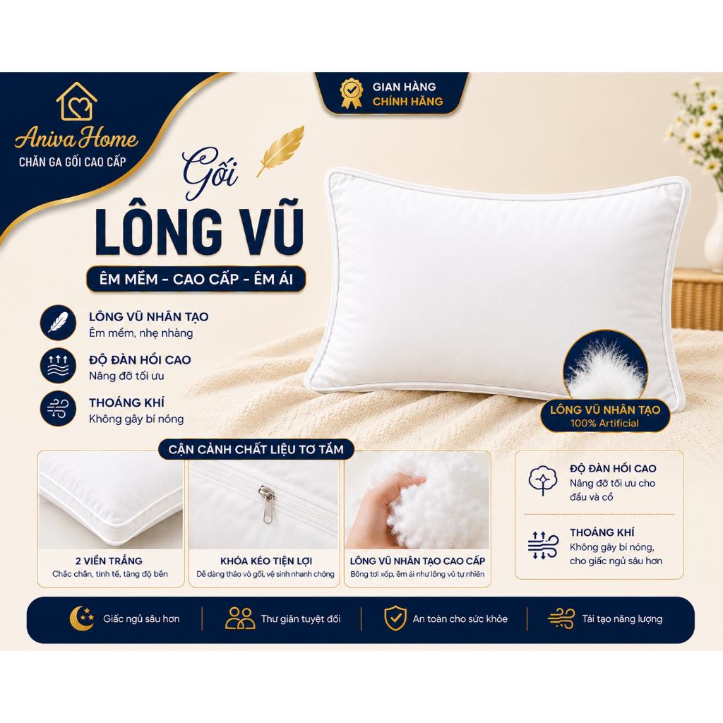 Gối Lông Vũ Nhân Tạo Aniva Home  | Êm Ái, Thoáng Khí, Nâng Đỡ Cổ Vai Gáy, Không Xẹp Lún