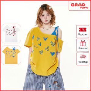 Áo thun nữ lệch vai GRADPOPU phối dây nơ in hình trái tim form rộng phong cách y2k Hàn Quốc AN426
