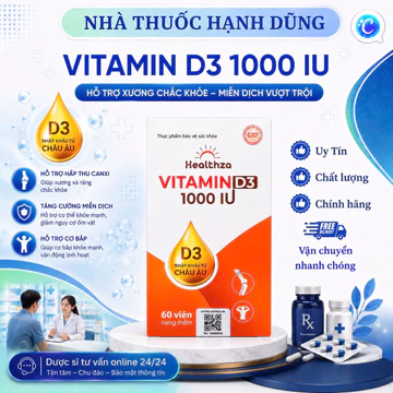 NTHD| Healthza Vitamin D3 | Bổ sung Vitamin D3 cho người lớn và trẻ nhỏ | Lọ 60 viên.