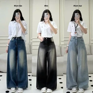 Quần Jean Wash Nữ Hari Ống Rộng Cạp Cao Form Suông Unisex Lên Dáng Đẹp Đi Học Đi Chơi