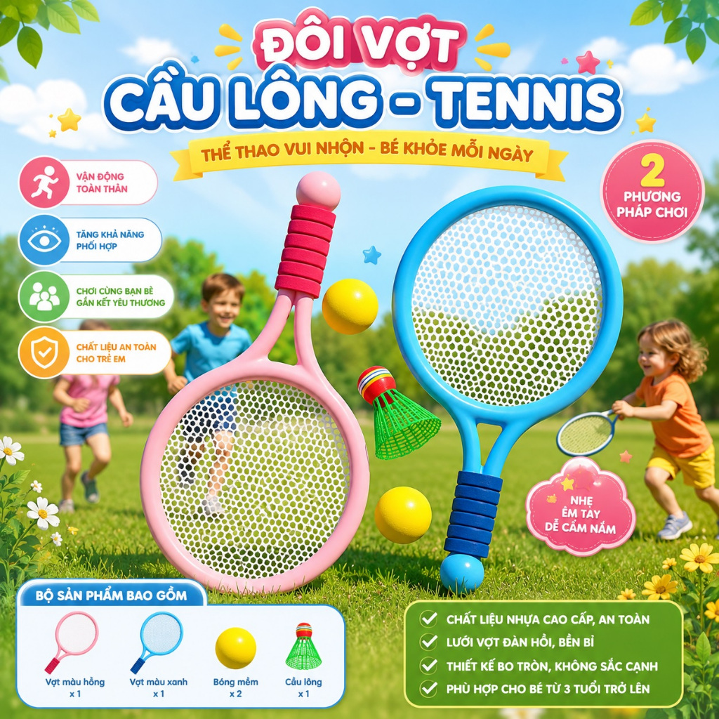 Đôi vợt cầu lông, tennis siêu nhẹ SFIT FAMILY cho trẻ em vận động, cho bố mẹ tương tác với bé từ 3-12 tuổi