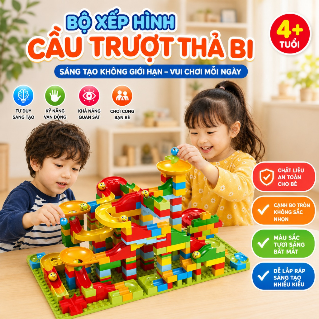 Bộ đồ chơi xếp hình mô hình cầu trượt thả bi 168 chi tiết cho bé luyện ghi nhớ tuy duy logic và chơi vận động