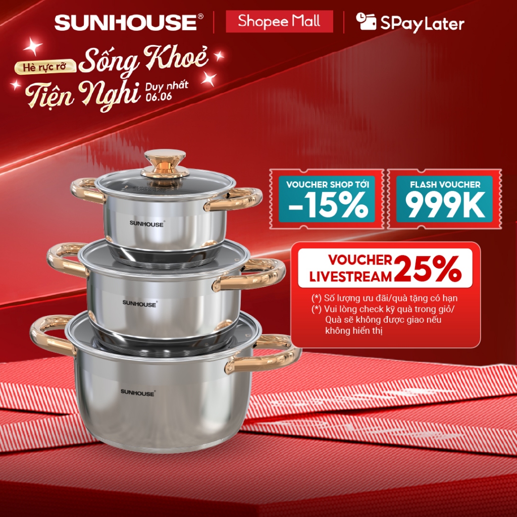 Bộ nồi inox 5 đáy Sunhouse SH781 - gồm 3 nồi với đường kính 16cm-20cm-24cm - Đáy từ dùng mọi loại bếp - 5 lớp đáy