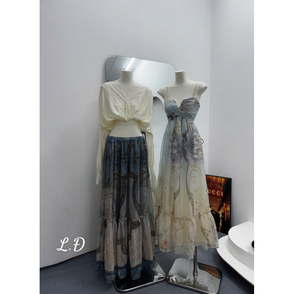 Set áo sơ mi phối ren chân váy maxi loang