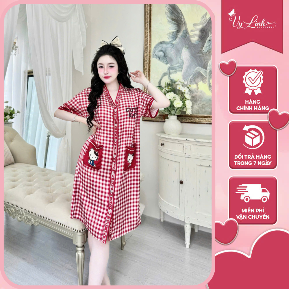 Đầm ngủ nữ Vy Linh chất liệu lụa latin cổ V thoáng mát thấm hút mồ hôi tốt, mềm mại S971 caro