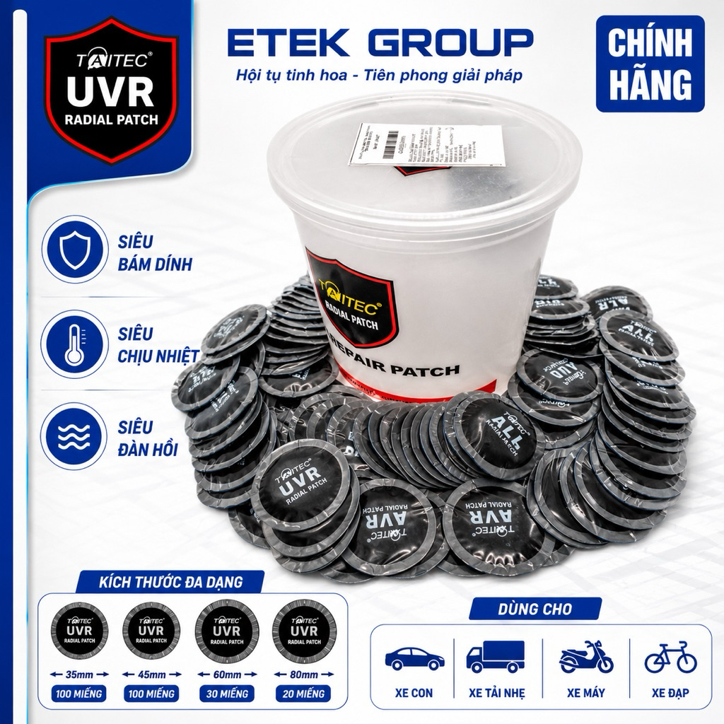 Hộp 100 Miếng Vá Săm, Lốp Vá Ruột, Vá Vỏ - Hình Tròn Đường Kính 35mm-80mm Tiện Dụng, Vá Nhanh, Vá Khẩn Cấp - TAITEC