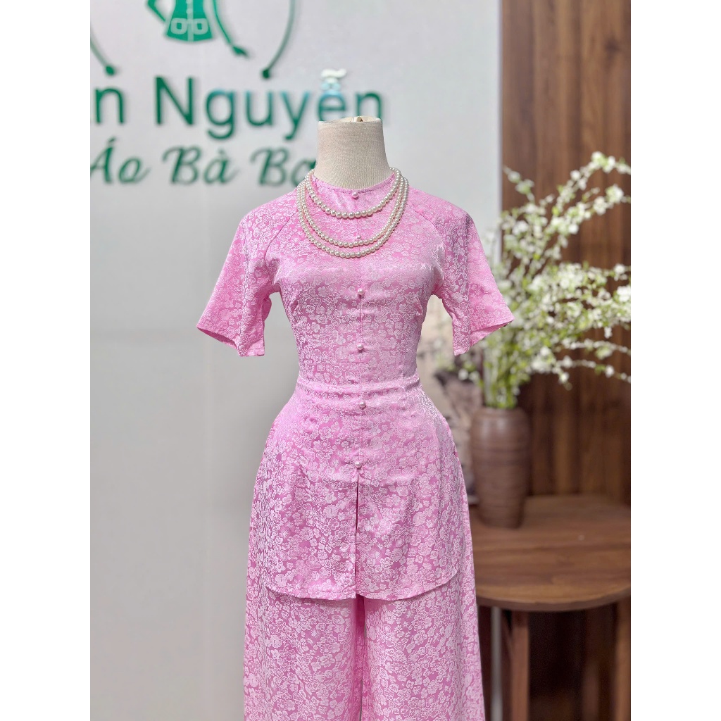 B.A166 - Áo Bà Ba GấM Tay NgắN Dây KéO Nút NgỌc TrAi ( QUẦN NGỌC TRAI )