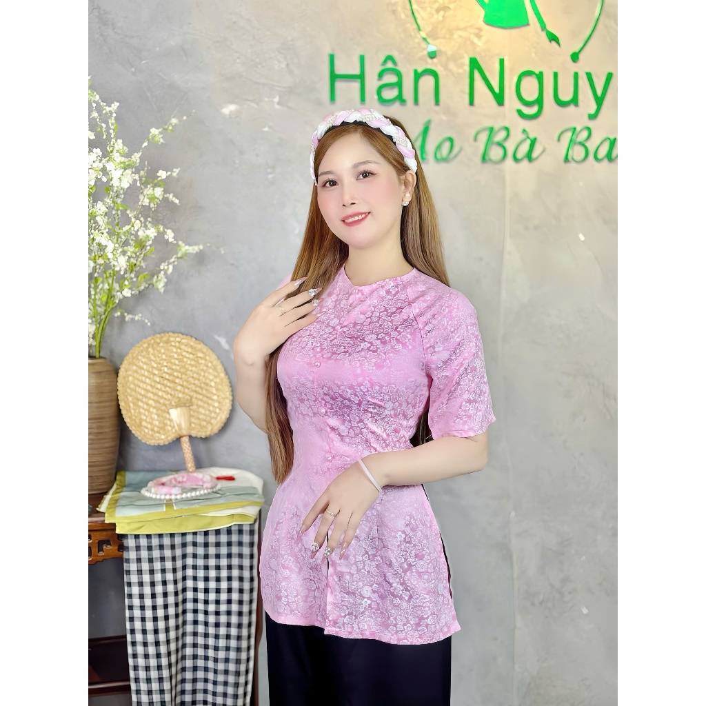 B.A166 - Áo Bà Ba GấM Tay NgắN Dây KéO Nút NgỌc TrAi ( QUẦN NGỌC TRAI )