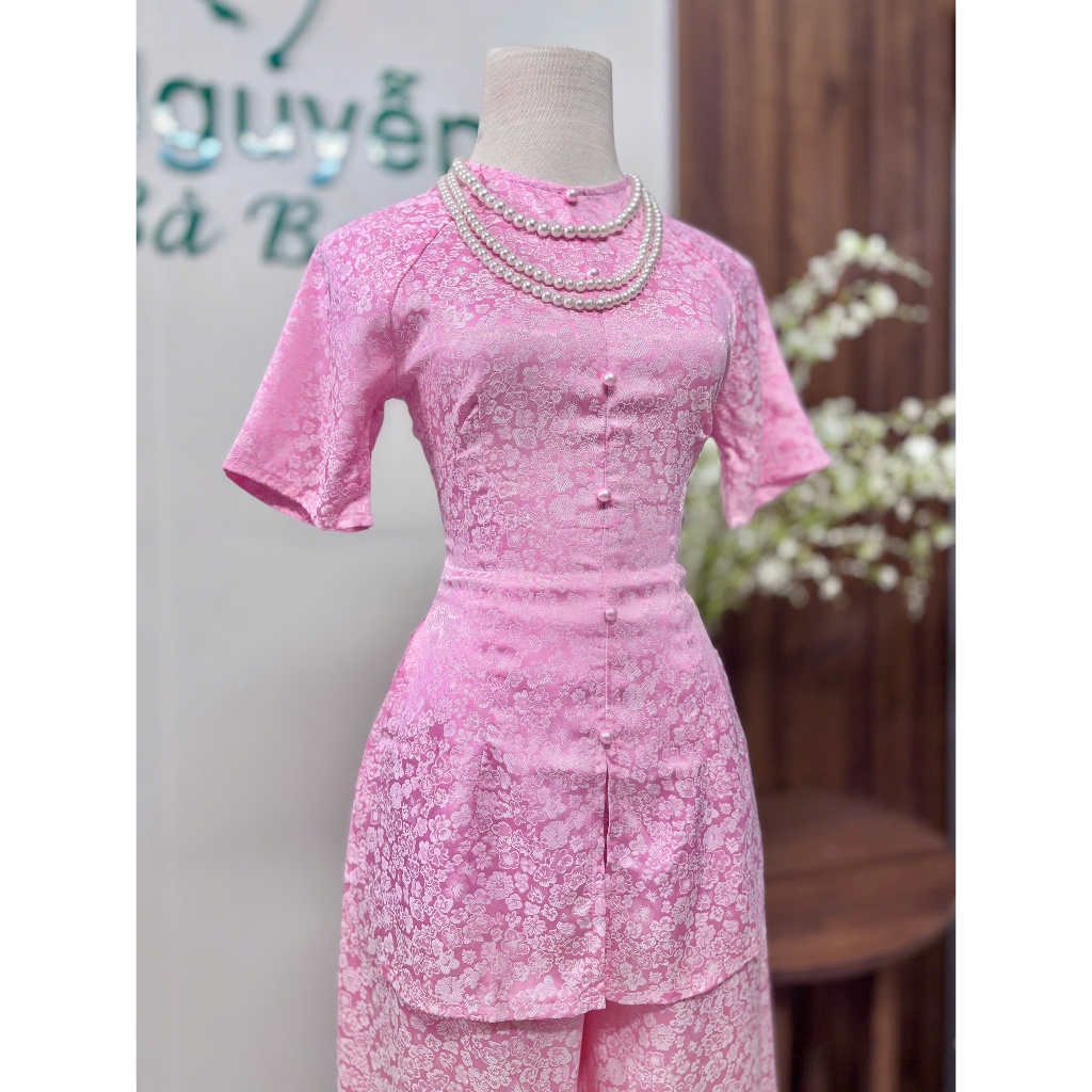 B.A166 - Áo Bà Ba GấM Tay NgắN Dây KéO Nút NgỌc TrAi ( QUẦN NGỌC TRAI )