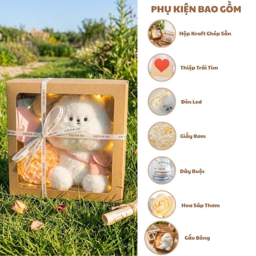 Set Quà Tặng Sinh Nhật Gấu Bông Cao Cấp Gồm Hộp Kraft, Bó Hoa,Thiệp,Led Làm Quà Tặng Sinh Nhật Cho Bé, Nam Nữ