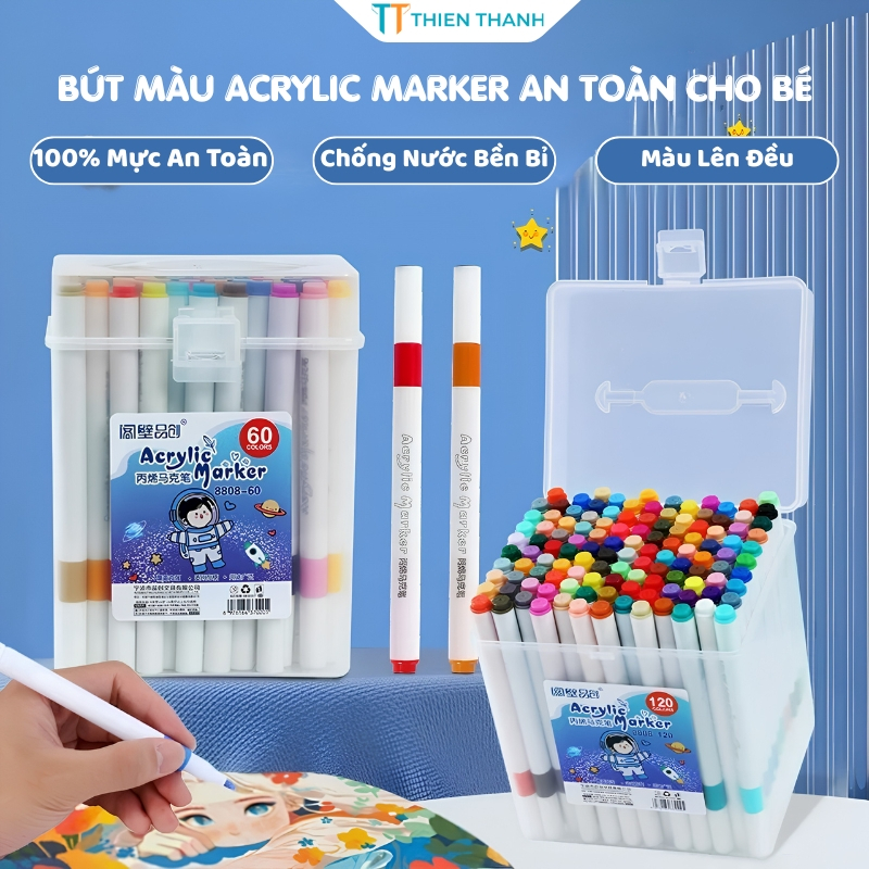 Hộp 24/36/48/60 Bút Màu Acrylic Marker Mực Lỏng Cao Cấp Ngòi Nylon Vẽ Đá Kính Gỗ Vải Không Thấm Giấy