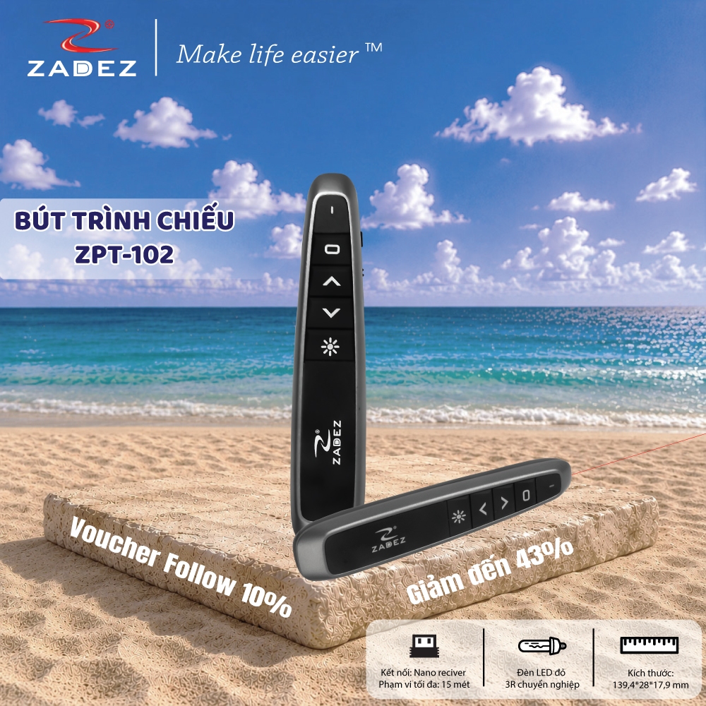 Bút Trình Chiếu ZADEZ ZPT-102 Công Nghệ Không Dây, Đèn Led Độ Sáng Cao, USB 2.4GHz