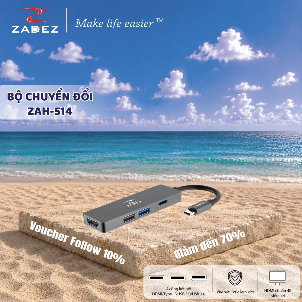 Bộ Chuyển Đổi ZADEZ ZAH-514, Chuyển Đổi USB-C Cao Cấp, Thiết Kế 4 Cổng Kết Nối Tiện Lợi