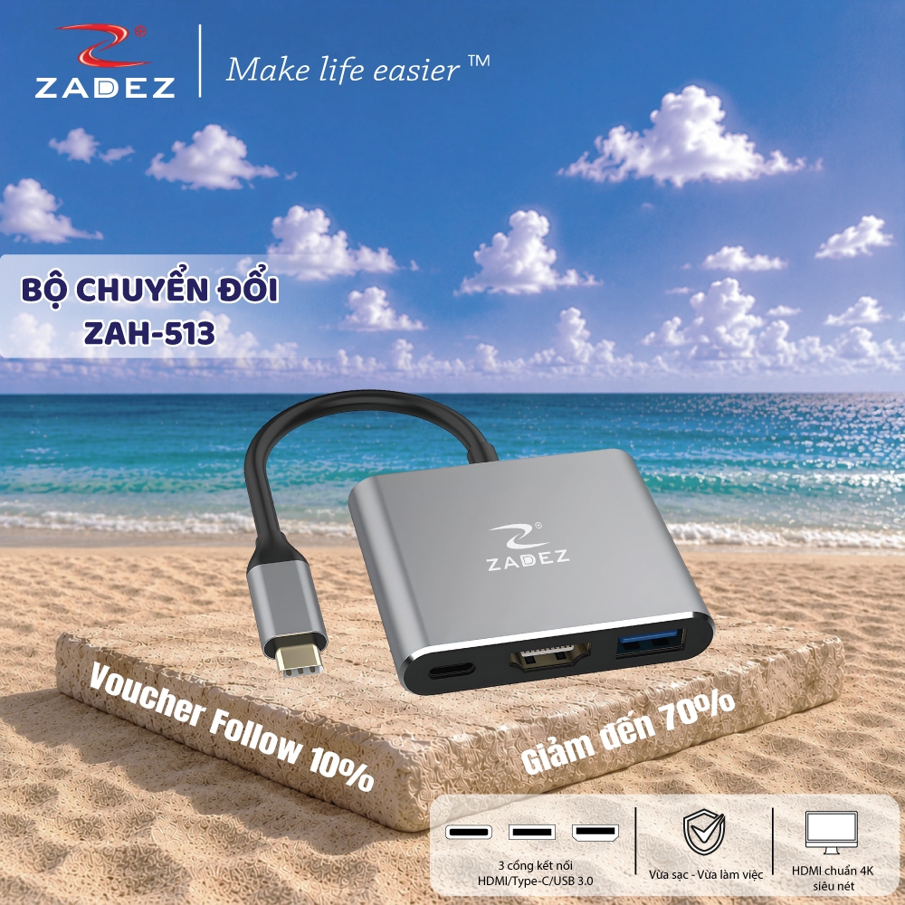 Bộ Chuyển Đổi  ZADEZ ZAH-513 TYPE-C HUB (3 trong 1) Kết nối USB-C/HDMI/Cổng USB 3.0