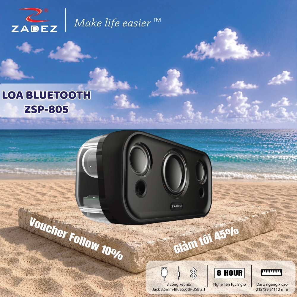 Loa Nghe Nhạc Bluetooth ZADEZ ZSP-805, Đa Dạng Cổng Kết Nối, Thời Gian Nghe Nhạc Liên Tục Đến 8 Giờ