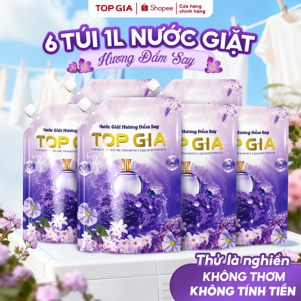 Nước Giặt TOPGIA Hương Đắm Say Dịu Nhẹ An Toàn Cho Da Lưu Hương 72H Tẩy Sạch Vết Bẩn Túi 1L