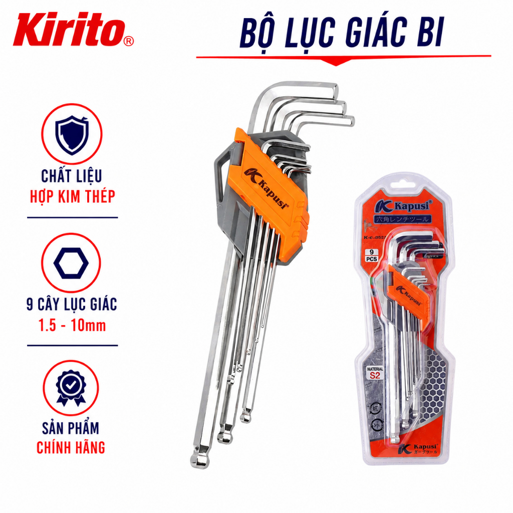 Bộ Lục Giác Bi 9 Chi Tiết Kapusi Japan S2 Cao Cấp – Lục Giác Chữ L 1.5–10mm Chống Trượt, Chính Hãng