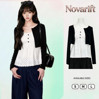 Nova-Áo sơ mi phiên bản Hàn Quốc, cổ chữ V, slim-fit, màu trắng chấm bi dài tay phù hợp mùa thu kiểu hai mảnh