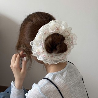 Scrunchies, dây buộc tóc nơ vải muslin hoa nhí viền ren xinh xắn Y373