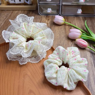 Scrunchies, dây buộc tóc nơ vải muslin hoa nhí viền ren xinh xắn Y373