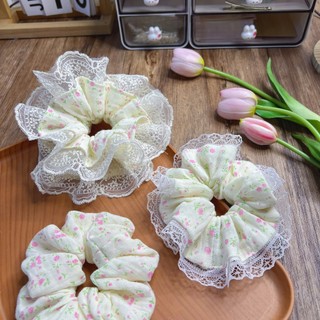Scrunchies, dây buộc tóc nơ vải muslin hoa nhí viền ren xinh xắn Y373