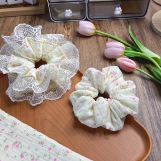Scrunchies, dây buộc tóc nơ vải muslin hoa nhí viền ren xinh xắn Y373