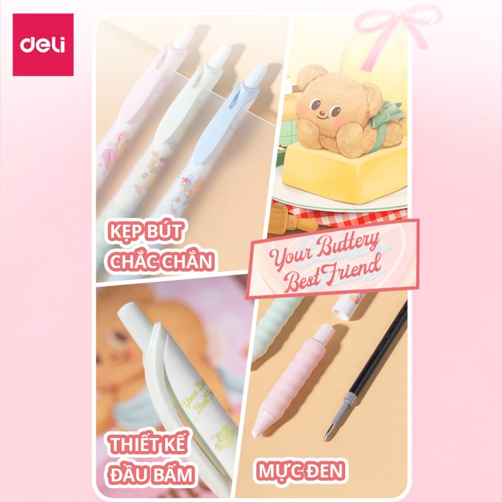[TẶNG KHÁCH HÀNG THÂN THIẾT] Bút Gel Bút Bi Nước Butterbear x Deli Dễ Thương Trơn Tru Mực Đen Mực Đều Ngòi 0.5mm Đệm Tay