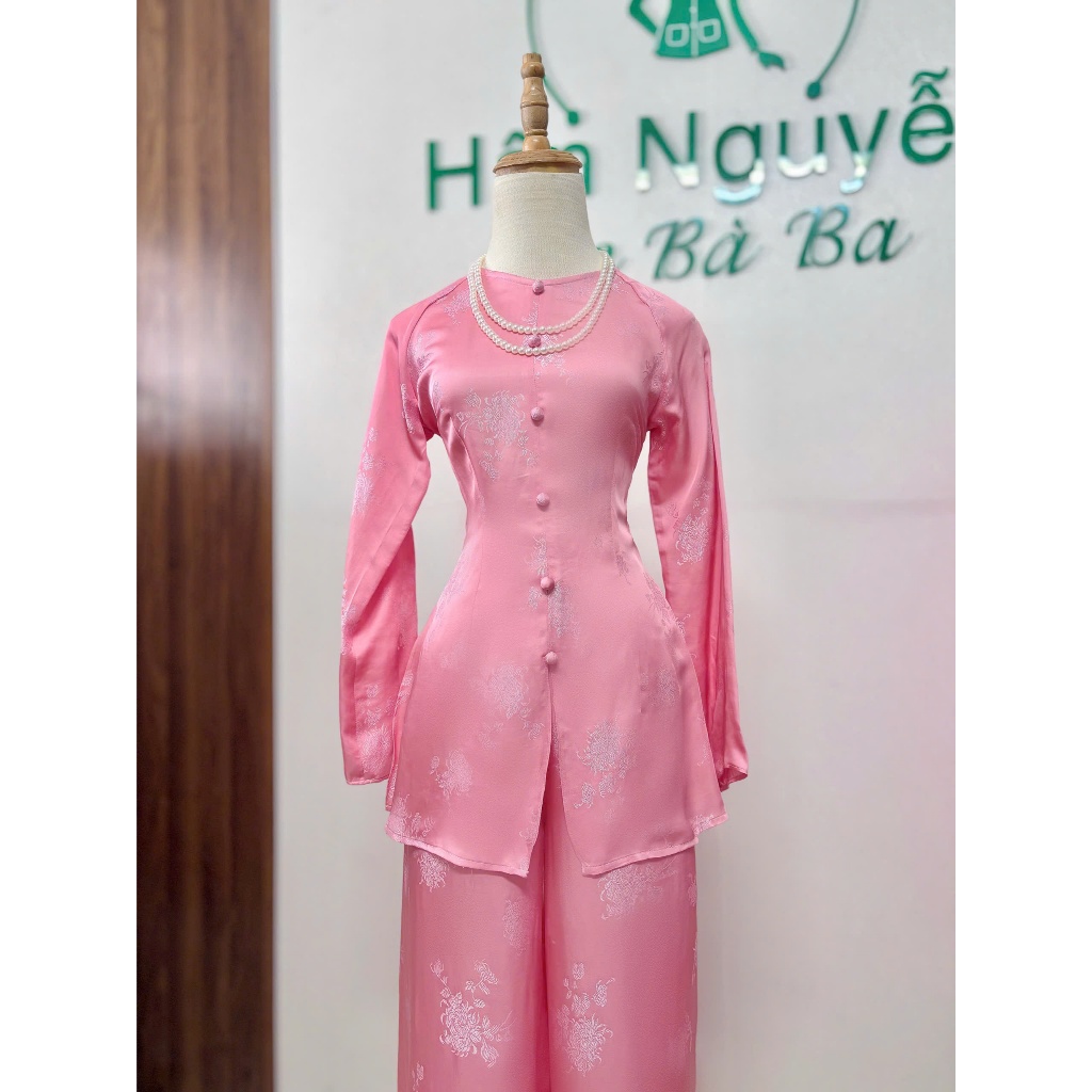 B.A196 - Áo Bà Ba Gấm Tơ Tằm Cúc Đại Ngọc Lục Nút Bọc Nụ Cổ Tròn Dây Kéo