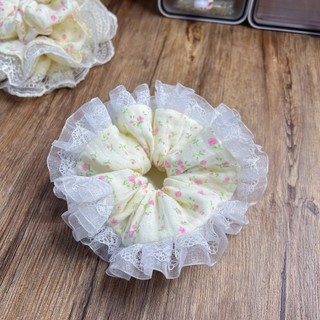 Scrunchies, dây buộc tóc nơ vải muslin hoa nhí viền ren xinh xắn Y373
