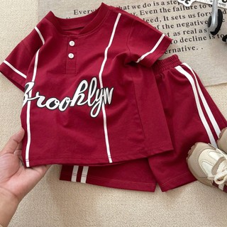 Set Đồ Bé Trai Thể Thao Brooklyn Đỏ, Bộ Quần Áo Bé Trai Cotton Mềm Mát Áo Thun+Quần Short 6-15kg A09