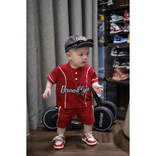Set Đồ Bé Trai Thể Thao Brooklyn Đỏ, Bộ Quần Áo Bé Trai Cotton Mềm Mát Áo Thun+Quần Short 6-15kg A09