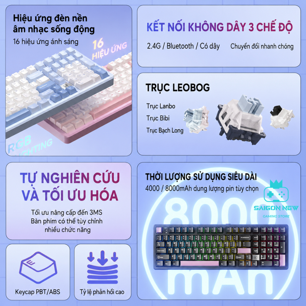 Bàn phím cơ không dây fullsize Leobog HI98C Pro - Pin 8000mAh - 3 mode kết nối - LED RGB, Khung nhôm | BigBuy360 - bigbuy360.vn