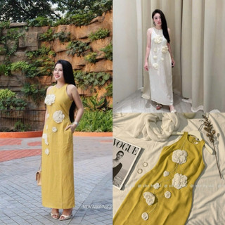 Váy linen sát nách khâu hoa trắng nổi bật