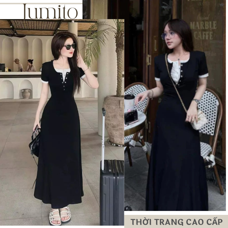 Váy maxi thun gân cộc tay phối viền đầm dáng dài ôm eo xòe chữ a chất thun dày mịn đi du lịch HCOM25848